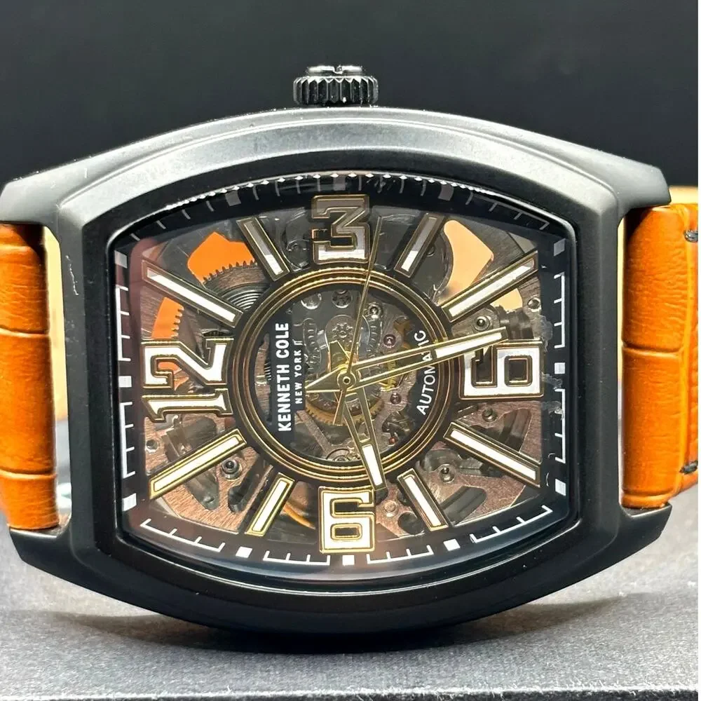 Kenneth Cole KC51083004 Automatic Skeleton Tonneau Leather Strap Men’s Watch